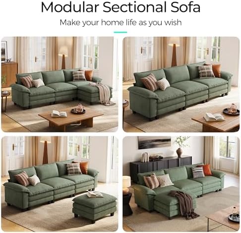 LINSY HOME 123'' Modular Sectional Sofa 3 Seat Couch Corduroy Cloud Couch with Deep Seat, Modern L-Shaped Cloud Couch with 1 Movable Ottoman for Living Room, Office, Bedroom, Green