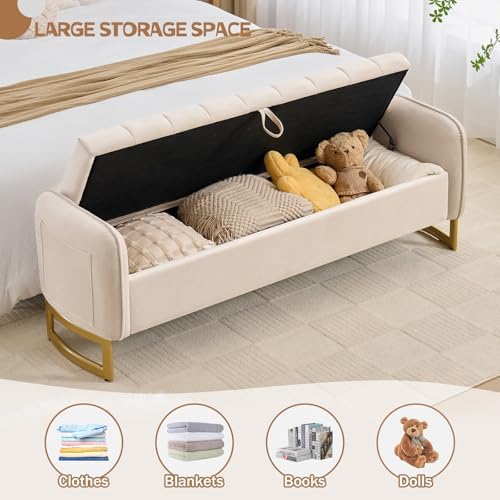 66" End of Bed Storage Bench King Size, Storage Benches for Bedroom, Beige | Velvet Foot of Bed Bech, Upholstered Storage Ottoman Benches with Golden Legs, Pillows and Side Pockets for Window, Entryway