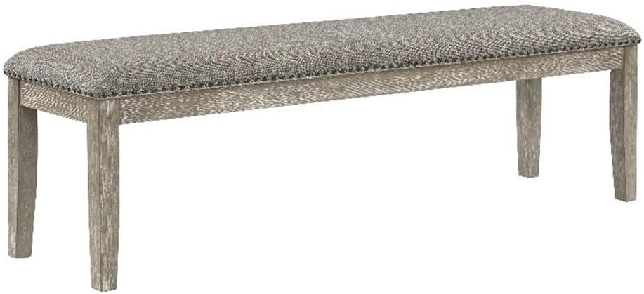Pemberly Row Contemporary Wood and Fabric Dining Bench, 63.5" Wide, Wire-Brushed Brownish Gray Finish, Light Gray Linen Upholstery, Nailhead Trim, Rustic Style Kitchen or Dining Room Seating