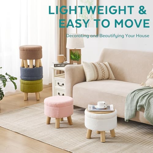 Small Foot Stool Ottoman with Storage, Sherpa Ottoman Foot Rest for Couch, Round Footstool with Storage, Small Ottomans and Footstools for Living Room and Entryway (Brown)