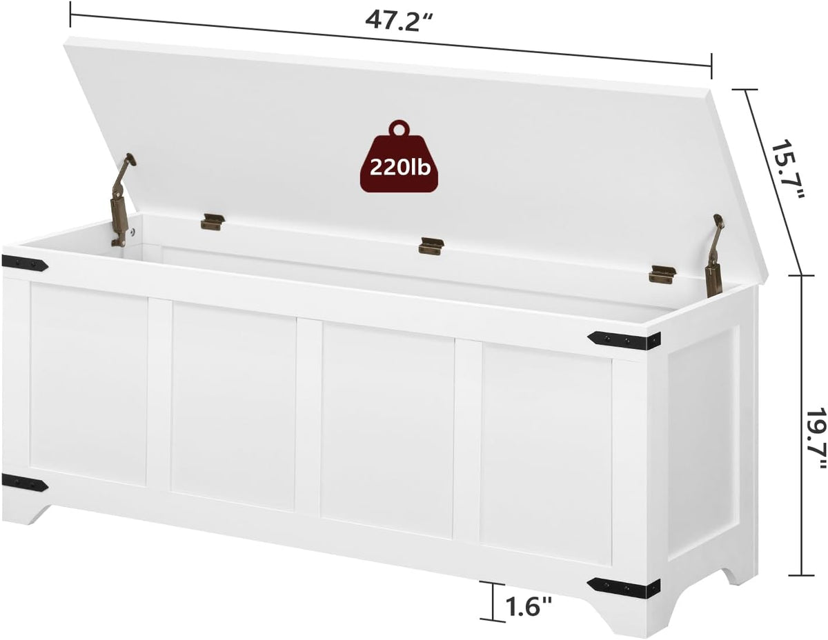 MAHANCRIS 47.2" Storage Chest Extra Large, Wooden Storage Bench with 2 Safety Hinges, Entryway Shoe Bench, 47.2x15.7x19.7 Inch, Easy Assembly, Storage Trunk for Living Room, Bedroom, White SCBW4901