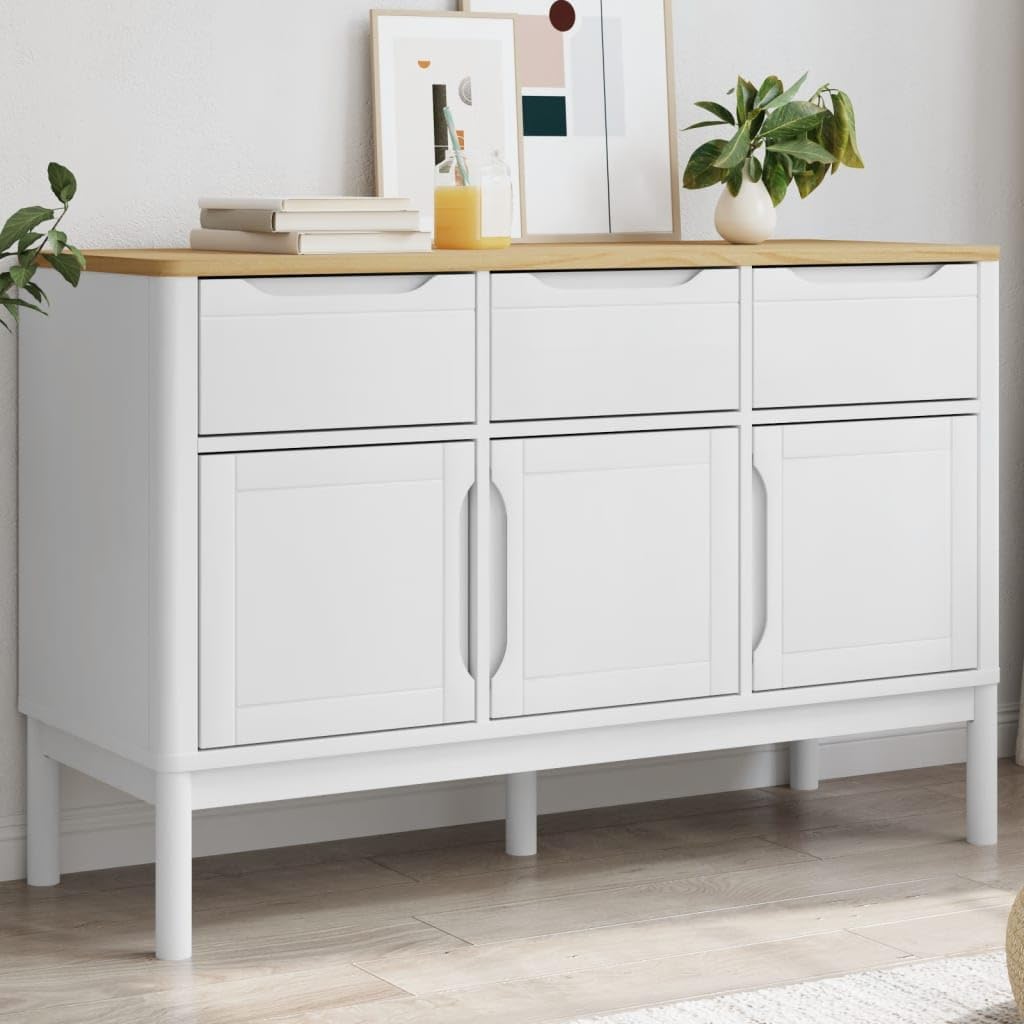 White Solid Pine Wood Sideboard with Drawers and Doors, Modern Engineered Wood Medium Storage Cabinet for Dining Room Living Room Hallway, Spacious Design and Durable