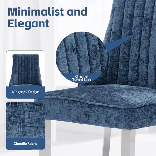 Shenyon Blue Dining Chairs Set of 6，Chenille Fabric Upholstered Dining Chairs with Silver Stainless Steel Legs, Modern Kitchen Chairs for Dining Room, Kitchen (Blue)