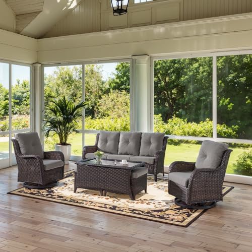 Belord Wicker Outdoor Furniture Patio Furniture Set - 6 Piece Patio Conversation Set with Swivel Rocker Chairs, Rattan Sofa, Ottomans and Coffee Table, Gray Cushion