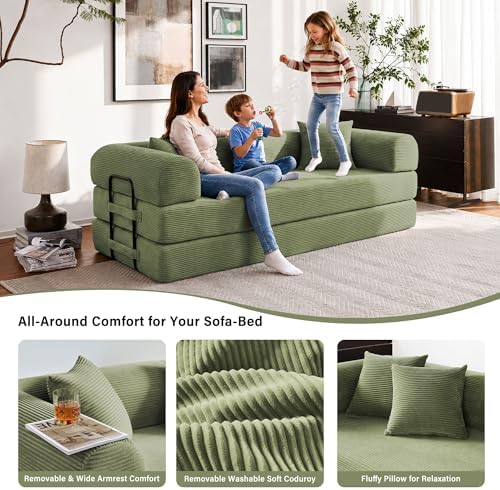 79" Convertible Sofa Bed, Sleeper Futon Couch for Living Room | 5-in-1 Sleeper Sofa, Pull Out Couches with Soft Corduroy, No Assembly Required, Apartment Friendly, Light Green