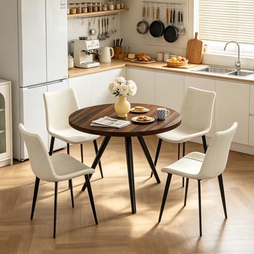 34.6" Round Dining Table Set for 2, Walnut Small Dining Room Set | Space-saving MDF Tabletop, 2 Beige PU Leather Chairs, Great for Modern Kitchen, Coffee, Restaurant, Office, Sturdy & Seamless