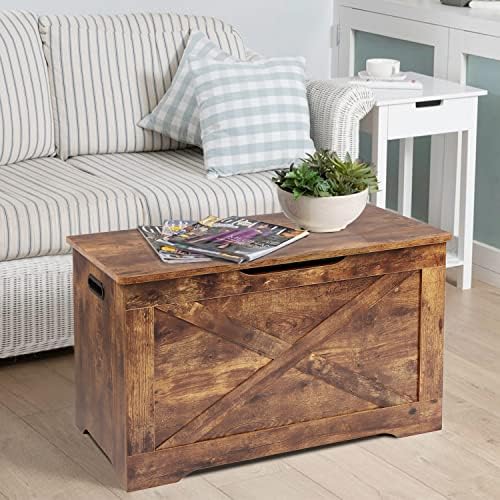 Timberer 31.5" Storage Chest, Wooden Storage Bench, Entryway Shoes Bench | Storage Trunk with 2 Safety Hinges, for Living Room, Bedroom, 15.7 x 31.5 x 18.9 Inches, Rustic Brown