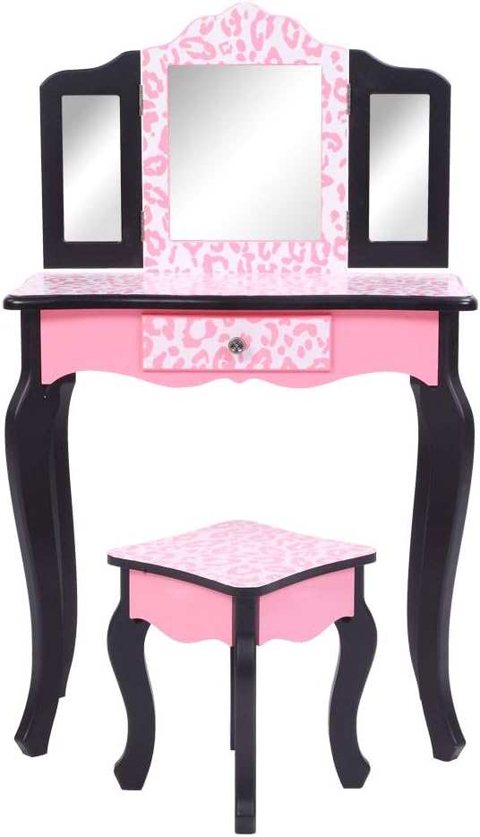 Bonnlo Kids Vanity Set, Modern Princess Vanity Table with Stool, Tri-Folding Mirror Desk for Girls Makeup Dressing Table with Drawer