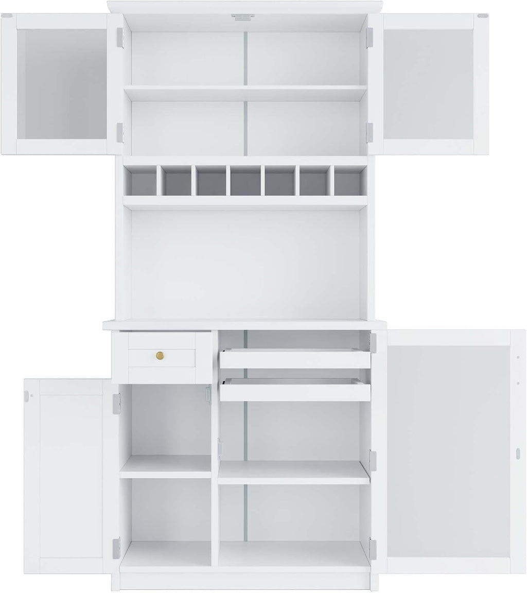 35” Wide Kitchen Hutch with Countertop, Farmhouse Pantry Cabinet with Microwave Shelf | Glass Doors | Wine Rack | Bottle Trays | Drawer, Wooden Structure (White)