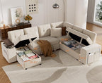 Vipbear 112" Modular Sectional Sleeper Sofa with Pull Out Bed, Chenille Modern 7 Seat L Shaped Couch with Reclining Backrest/LiftTop Storage Chaise Armrests/USB/LED Light/Tool-Free Assembly, Beige
