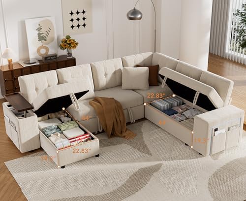 Vipbear 112" Modular Sectional Sleeper Sofa with Pull Out Bed, Chenille Modern 7 Seat L Shaped Couch with Reclining Backrest/LiftTop Storage Chaise Armrests/USB/LED Light/Tool-Free Assembly, Beige