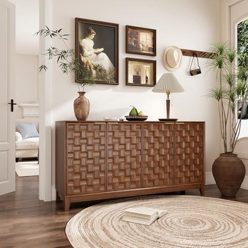 MALOL Fluted Sideboard Buffet Cabinet with Storage, 59" Wood Buffet Table with 4 3D-Checkerboard Doors & Adjustable Shelves, Kitchen Dining Room Coffee Bar Cabinet, Mid Century Modern Style, Walnut