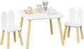 Kids Table and 2 Chairs Set, 3 Piece Wooden Toddler Table and Chair Set, White Activity Play Table and Chairs for Kids, Children's Art Desk Set (Rabbit Theme)