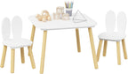 Kids Table and 2 Chairs Set, 3 Piece Wooden Toddler Table and Chair Set, White Activity Play Table and Chairs for Kids, Children's Art Desk Set (Rabbit Theme)