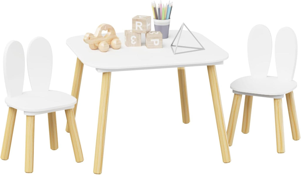 ALEVINE Kids Table and 2 Rabbit Ear Chairs Set, 3-Piece Toddler Wooden Activity Table and Chair Set with Solid Wood Legs, White