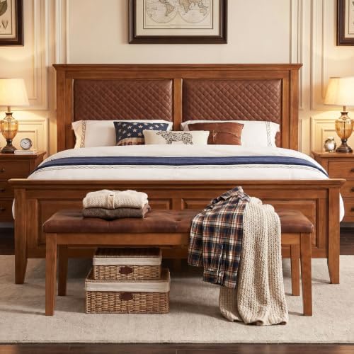 Ottoman Bench Oversized Entryway Shoe Bench Seat Faux Leather Brown | Large Long Rectangle Dining Bench with Button-Tufted Padded Upholstered Seat & Wood Legs for Living Room Bedroom End of Bed