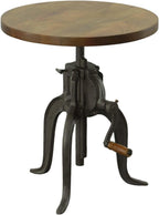 Carolina Chair & Table Adjustable Hand Crank 18" Wooden Top Rustic Side Table - Cast Iron Base Round Accent Table for Farmhouse, Living Room, or Bedroom (Harvest Oak/Industrial)