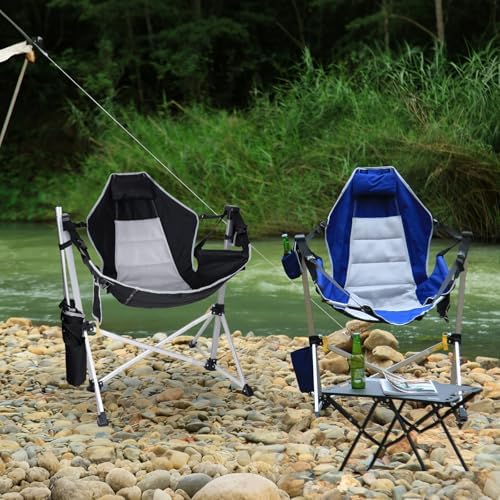 Romswi 2-Pack Aluminum Hammock Chair with Footrest, Oversized Portable Folding Swinging Chair with Adjustable Back & Seat, Lightweight Rocking Camp Chair Supports 440lbs for Outdoor, Patio - Black
