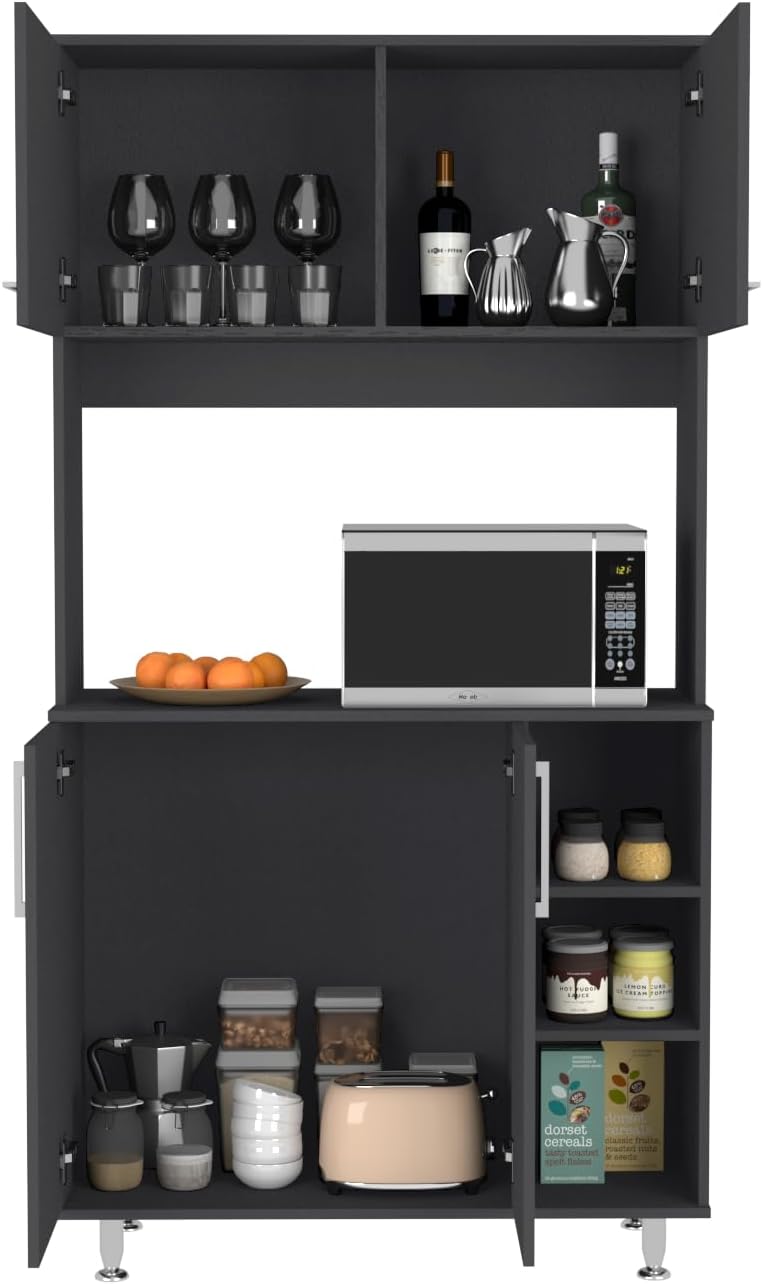 Pantry Cabinet Delaware Kitchen Black with Spacious Top Surface and Hutch | Spacious top surface for appliances and meal prep