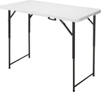 4ft Folding Table, Portable Fold-in-Half Adjustable Height Utility Table for Indoor/Outdoor Use, Durable HDPE & Steel, Stable & Lightweight, Multi-Purpose, White
