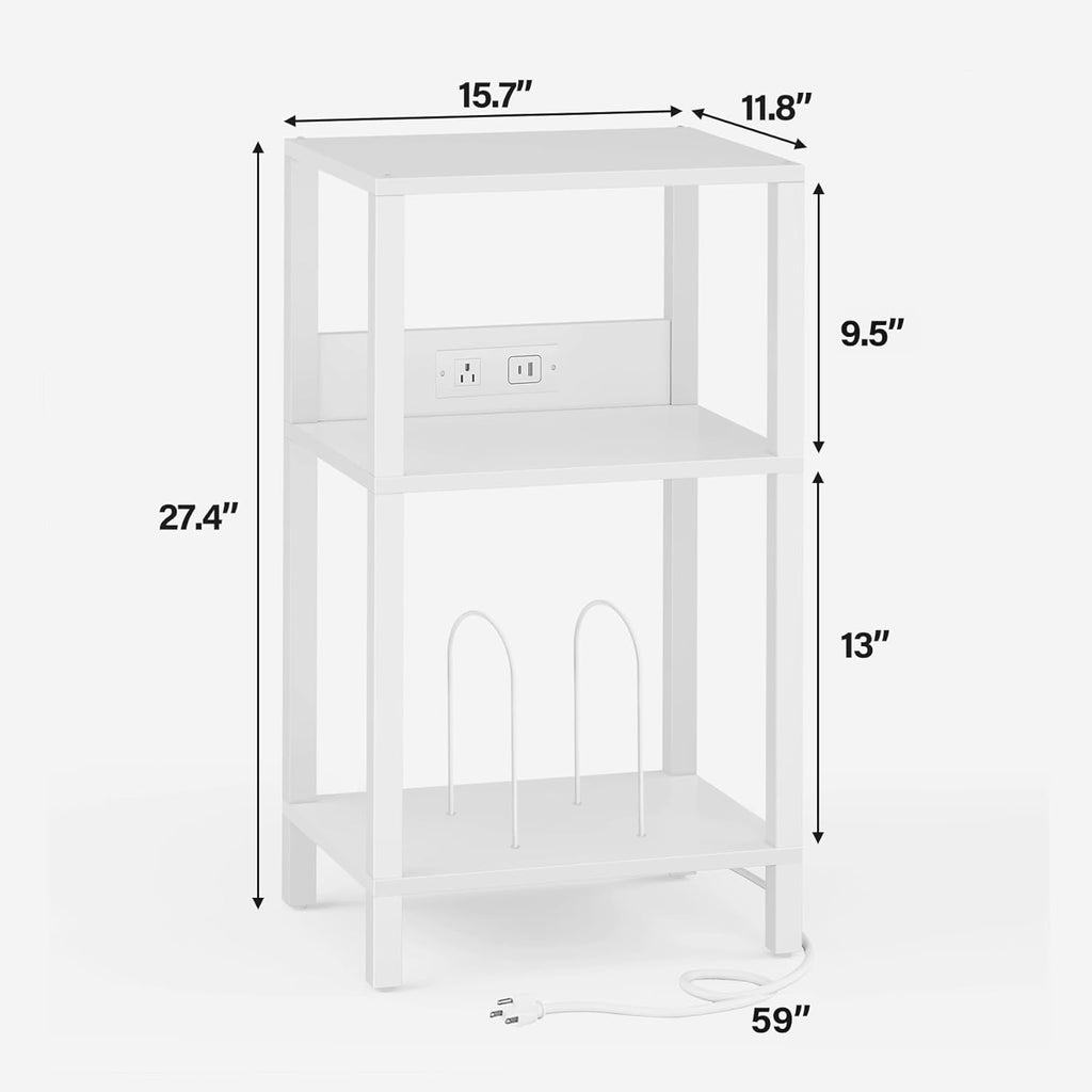 TUTOTAK Record Player Stand with Storage Up to 100 Albums | Record Storage Table, 3 Tier End Table with Charging Station, Side Table for Living Room, Bedroom, White TB01BW076