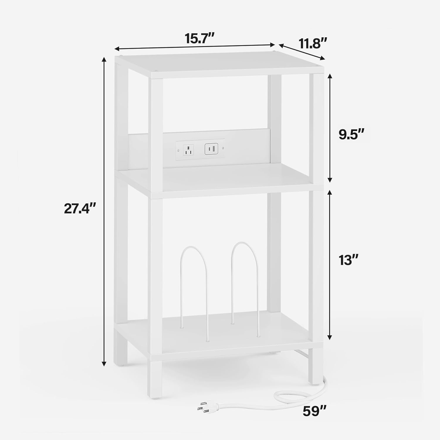 TUTOTAK Record Player Stand with Storage Up to 100 Albums | Record Storage Table, 3 Tier End Table with Charging Station, Side Table for Living Room, Bedroom, White TB01BW076