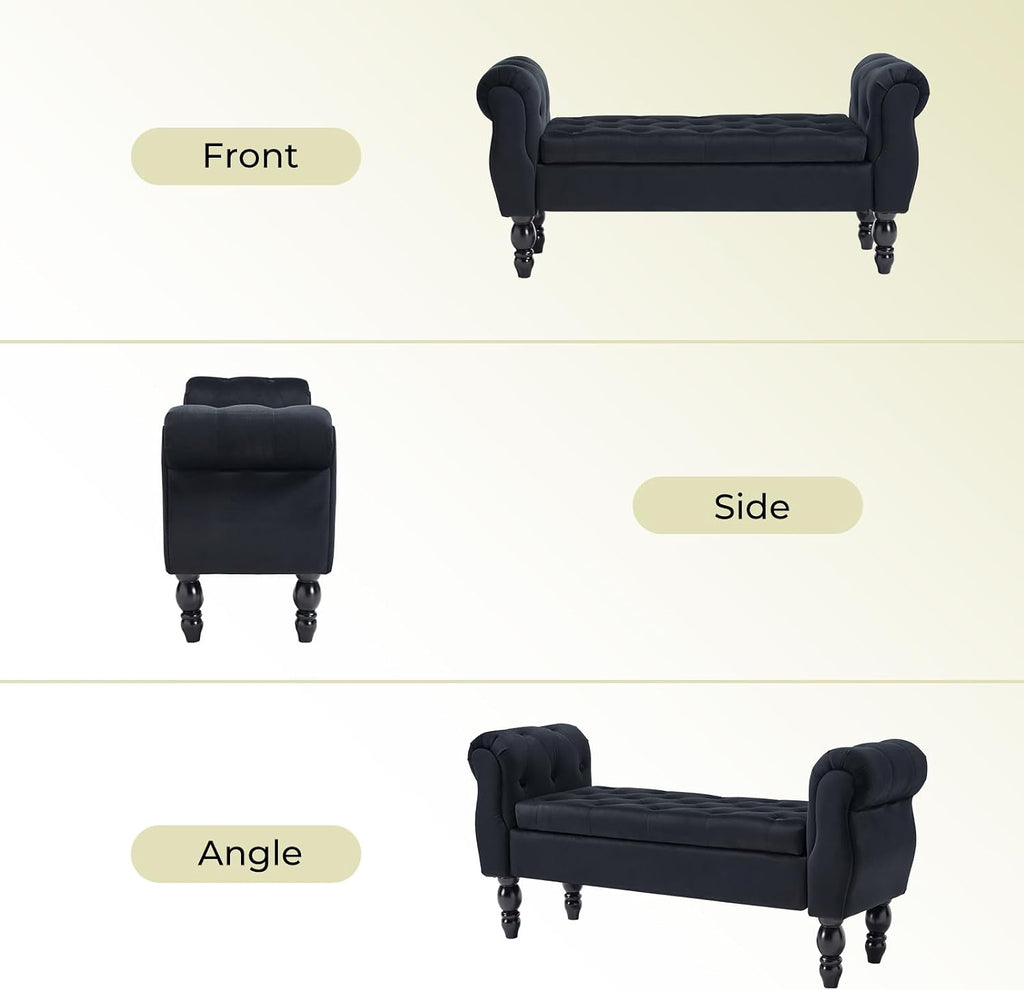 Velvet Upholstered Storage Bench with Arms and Wooden Legs, 47.6" Modern Button Tufted Bench for Bedroom End of Bed, Upholstered Living Room Entryway Sitting Window Benches for Hallway, Black