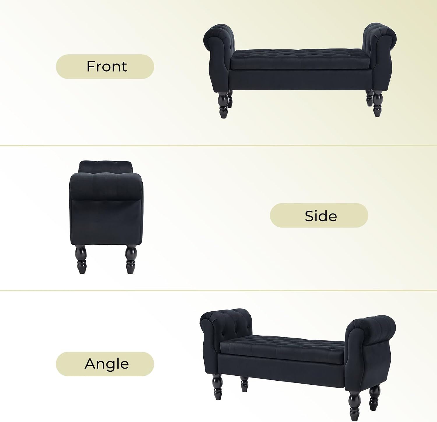 Velvet Upholstered Storage Bench with Arms and Wooden Legs, 47.6" Modern Button Tufted Bench for Bedroom End of Bed, Upholstered Living Room Entryway Sitting Window Benches for Hallway, Black