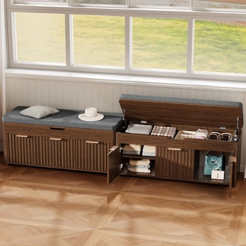 37.4" W Shoe Bench with Storage, Lift Top Entryway Bench, Walnut | 2-Tier Adjustable Shoe Rack with Cushioned Seat, Hidden Storage, Wooden End of Bed Bench for Bedroom, Living Room, Hallway