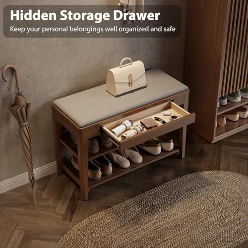 Small Shoe Bench with Storage, Wooden Shoe Storage Bench with Cushion&Hidden Drawer, 2-Tier Shoe Rack Bench for Entryway, Mudroom, Hallway