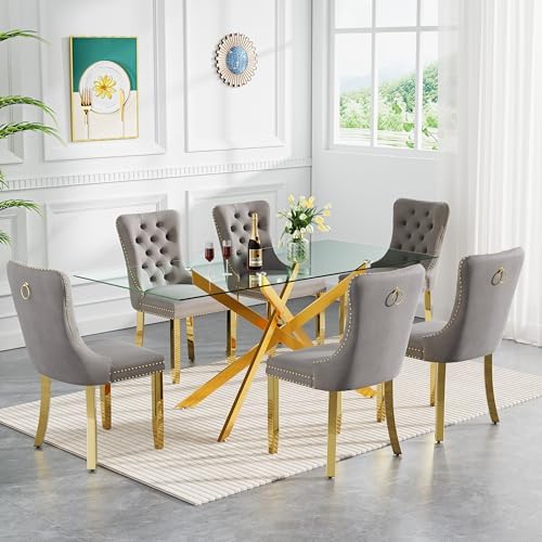 61" Modern Dining Table Set for 6, Rectangular Tempered Glass Dining Table and 6 Grey Velvet Dining Chairs, Luxury 7 Piece Kitchen Dining Room Tables Set with Gold Chrome Metal X-Base