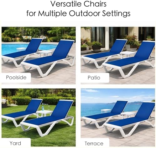 Kozyard Outdoor Chaise Lounge Chair, Full Flat Adjustable Patio Lounger with Aluminum Frame & Resin Legs, Textilene Fabric for Poolside, Backyard & Beach (Blue, 2Chairs + Table)