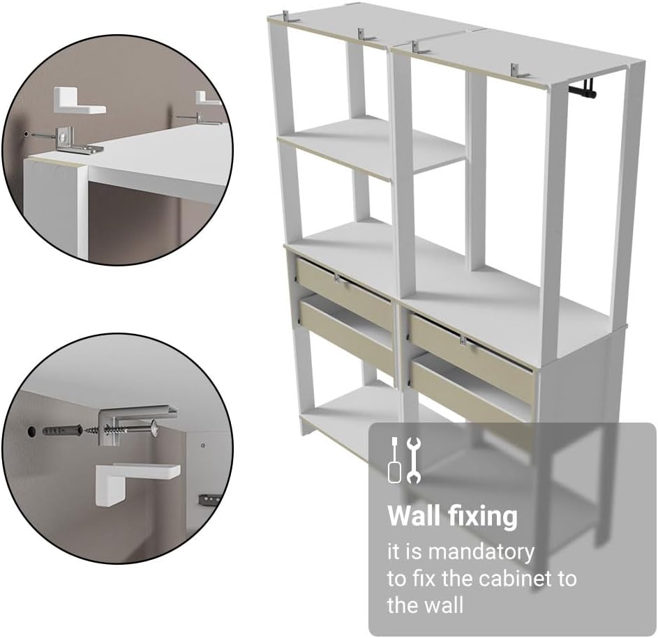 Madesa Kitchen Pantry Storage Rack with 4 Drawers, 5 Shelves and Hanging Space 55" L Multiuse Modular Cabinet for Kitchen Organization - White