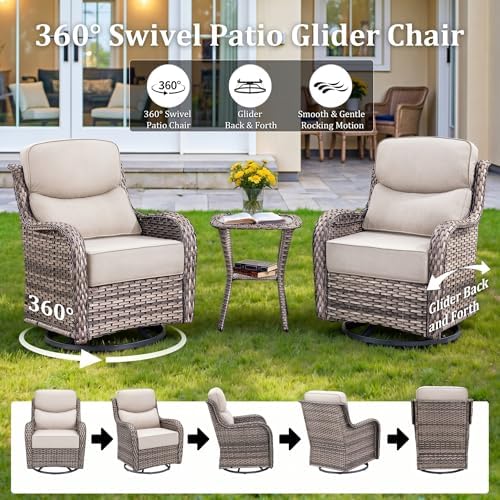 Luxury Outdoor Swivel Rocker Patio Chairs Set of 2 with 6-Inch Thick Cushions, High Back Swivel Patio Chairs Wicker Outdoor Gliders for Porch, Yard, Deck, Poolside, Grey/Beige