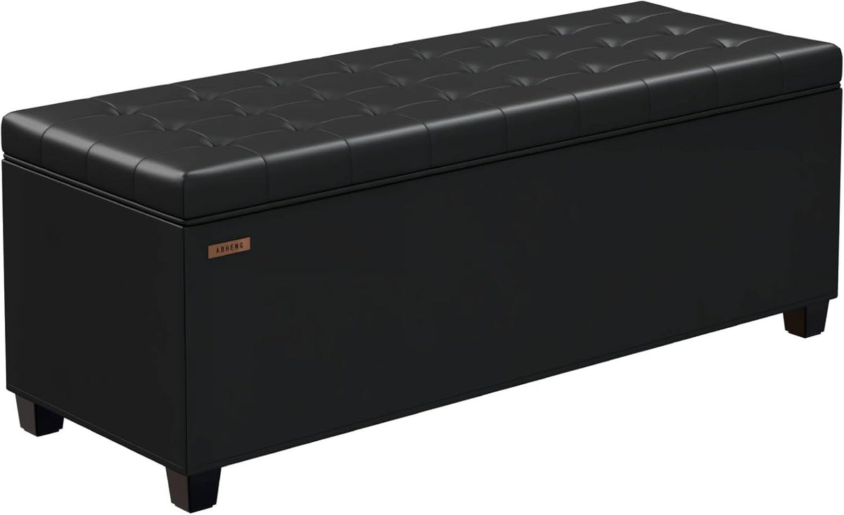 ABHENG Synthetic leather Storage ottoman bench with legs,43.5”W x 15.7”D x 15.7”H,metal frame end of bed bench hold up to 770 LB,Large Storage Chest hold up to 770 LB,Black UASND622B