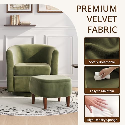 360° Swivel Accent Chair with Storage Ottoman | Small Modern Velvet Barrel Chair, Upholstered Armchair with Footrest for Living Room/Reading/Bedroom, Green