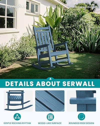 SERWALL Outdoor Rocking Chair Set of 2, HDPE Rocker for Adults, Blue | 21.1" Widened Seat adds Extra Comfort, Oversized Rocking Chair for Adults, All Weather Porch Rocker for Lawn Garden