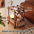 Modern 2-Tier Bamboo Rolling Side Table with Rattan, Stylish Coffee Table on Wheels, Versatile End Table for Living Room & Office, Durable & Chic Design