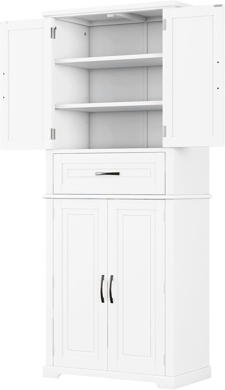 72 Inch Storage Cabinet, Tall Kitchen Pantry Cabinet with Slide Rails Drawer and Adjustable Shelf, Linen Storage Cabinet with Doors and Functional Storage Rack, for Bathroom or Kitchen, White