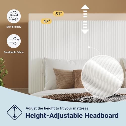 Allewie King Bed Frame, Corduroy Tufted Headboard, White