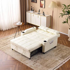VINGLI Convertible Loveseat Sleeper Sofa Bed, Pullout Couch for Living Room | Beige Futon Sofa Bed, Faux Leather Pull-Out Couch Bed with USB Ports, Cup Holders for Small Space, Apartment, Office