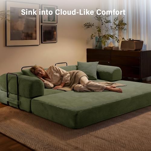 79" Convertible Sofa Bed, Sleeper Futon Couch for Living Room | 5-in-1 Sleeper Sofa, Pull Out Couches with Soft Corduroy, No Assembly Required, Apartment Friendly, Light Green