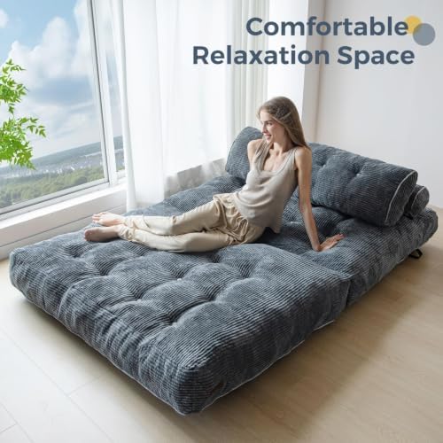 MAXYOYO Folding Sofa Bed, Convertible Chair Bed with Pillow | Foldable Couch with Back Support, Portable Fold Out Chair Comfy Floor Sofa for Living Room Bedroom, Dark Grey, Double