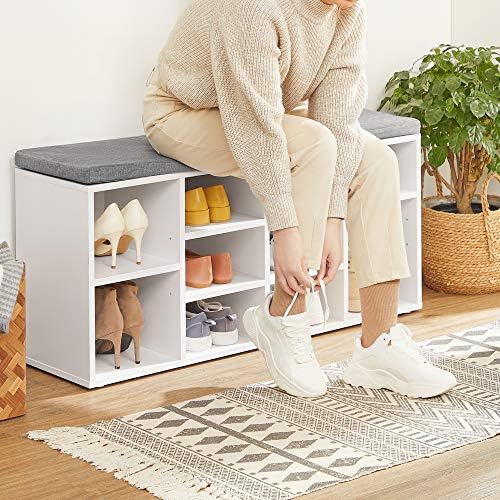 VASAGLE Shoe Bench with Cushion, 10 Compartments, 11.8 x 40.9 x 18.9 Inches | Entryway Storage Bench with Padded Seat, for Bedroom, Cloud White and Dove Gray, CUSTOS Collection ULHS10WT