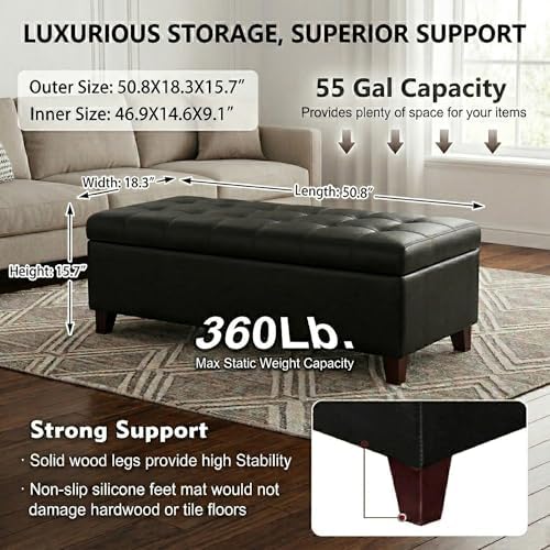 Black Ottoman with Storage Faux Leather Storage Ottoman Bench | 51 Inch Upholstered End of Bed Ottomans with Hinged Lid, Rectangle Long Foot Rest Bench for Entryway Living Room Bedroom