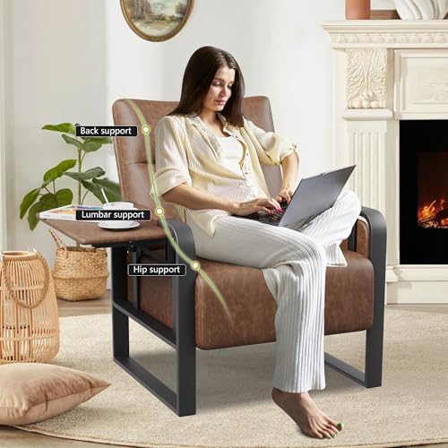 Upholstered Living Room Chair Armchair Set of 2, Mid Century Faux Leather Metal Accent Chair, Reception Couch Office Guest Chair Slipper Club Lounge Single Sofa with Sidetable for Bedroom-Brown