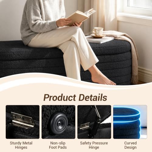 Teddy Sherpa Oval Black Ottoman with Storage, 45.5-inch Bench | Teddy Upholstered Window Bench Hidden Storage, Safety Hinge and Seating, for Living Room, Bedroom, Small Apartment