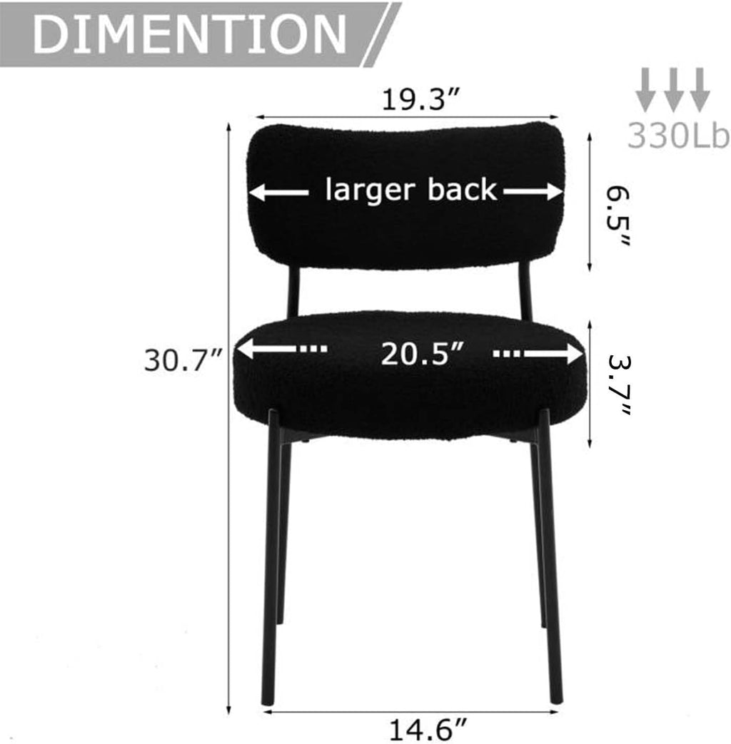 Black Boucle Dining Chairs Set of 2, Mid Century Modern Dining Room Chair with Curved Backrest & Metal Legs, Round Upholstered Dining Chairs for Kitchen, Living Room
