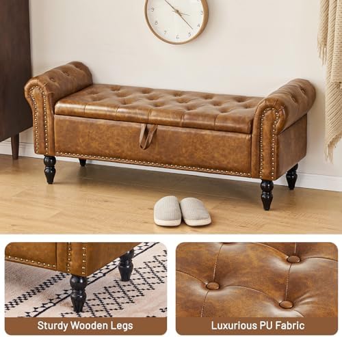 Furniliving Storage Ottoman Bench, Leather Benches End of Bed Bench with Solid Wood Legs Upholstered Ottoman Bench with Storage Indoor Bench for Living Room with Rolled Arm, Entryway, YellowBrown