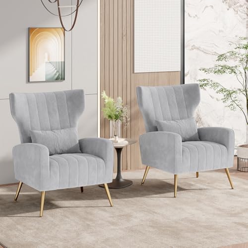 Nalupatio Velvet Accent Chairs Set of 2 Modern High Back Armchair Arm Chair with Lumbar Pillow, High Back Upholstered Single Sofa Chair with Gold Metal Legs for Bedroom,Light Gray